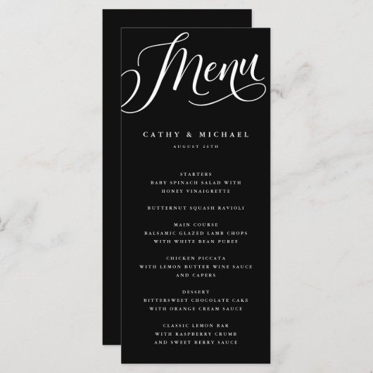 Modernes Geblüht Skript, Schwarz Menükarte (Vorne/Hinten)