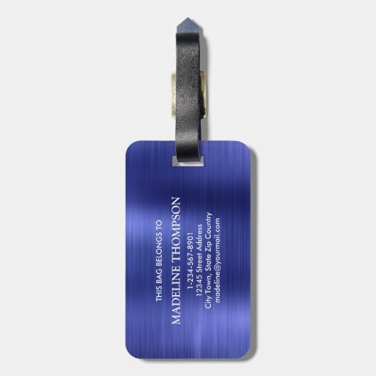 Modernes, gebürstetes Metallic Blue Monogram Gepäckanhänger (Rückseite vertikal)