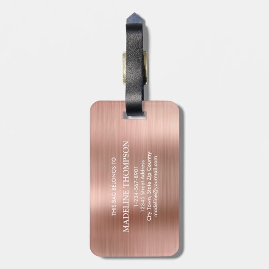 Modernes, gebürstetes Metallic-Rose-Gold-Monogramm Gepäckanhänger (Rückseite vertikal)