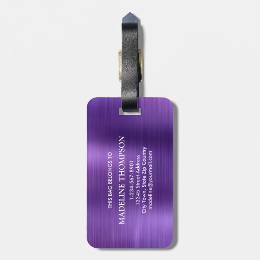 Modernes, gebürstetes Metallic-Violet-Monogramm Gepäckanhänger (Rückseite vertikal)