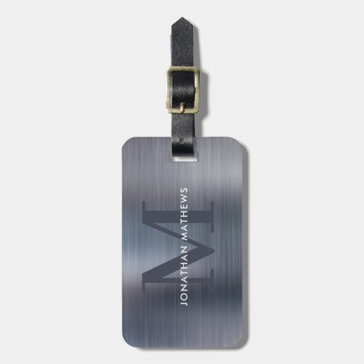 Modernes, gebürstetes Metallisches Grau-Monogramm Gepäckanhänger (Vorderseite vertikal)