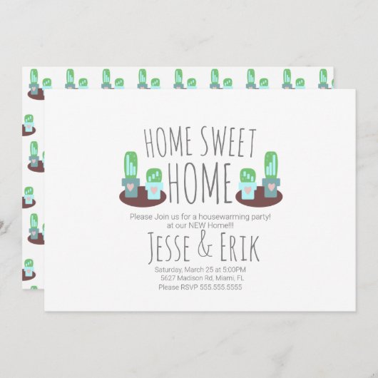 Modernes gegossenes Kakteen Grünes Housewarming Pa Einladung (Vorne/Hinten)
