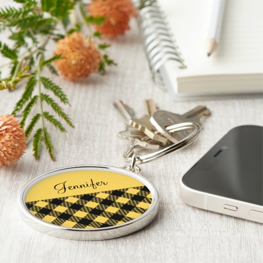Modernes Gelbes Buffalo Karierter Karo Schlüsselanhänger (Seite)