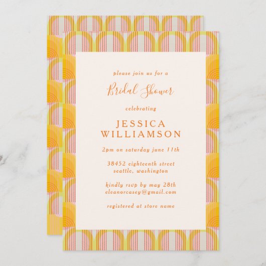 Modernes gelbes geometrisches Brautparty des Mitte Einladung (Vorne/Hinten)