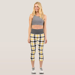 Modernes Gelbes Kariertes Tartan-Muster Capri Leggings