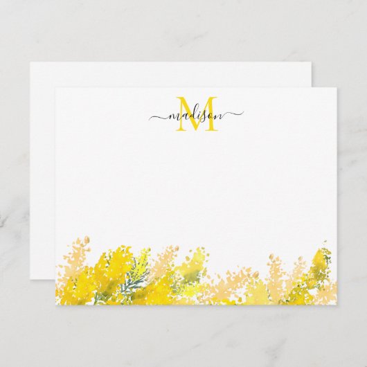 Modernes Gelbes Mimosa Aquarellfarben Monogramm Mitteilungskarte (Vorne/Hinten)