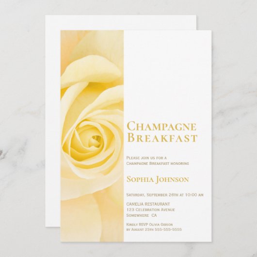 Modernes gelbes Rose Bridal Champagne Frühstück Einladung (Vorne/Hinten)