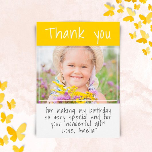 Modernes Gelbmädchen Custom Foto Geburtstag Dankeskarte