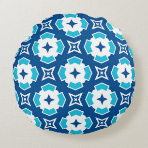 Modernes geometrisches Blau- und Weißquatrefolienm Rundes Kissen