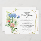 Modernes geometrisches Blumenrosa in blauem Brautp Einladung (Vorne/Hinten)