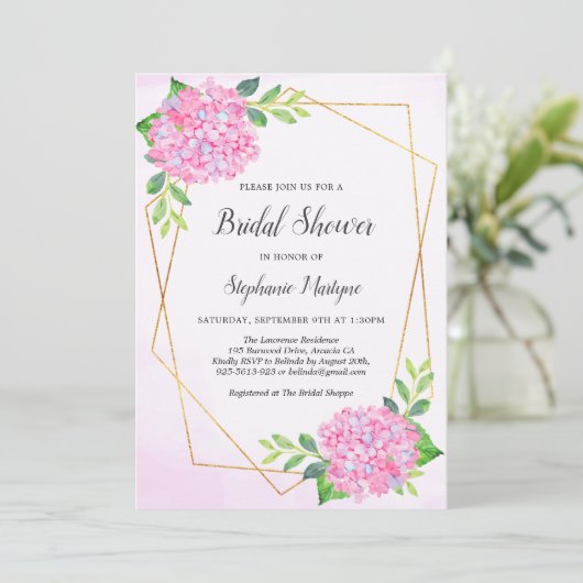 Modernes geometrisches Brautparty mit rosa Hydrang Einladung (Stehend Vorderseite)