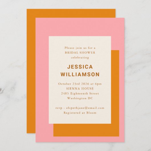 Modernes geometrisches Brautparty Rosa und Orange Einladung (Vorne/Hinten)