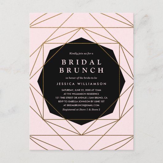 Modernes geometrisches Brunch in Gold, Blush & Bla Einladungspostkarte (Vorderseite)