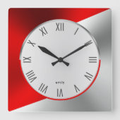 Modernes geometrisches Design rot/silber Quadratische Wanduhr (Vorderseite)