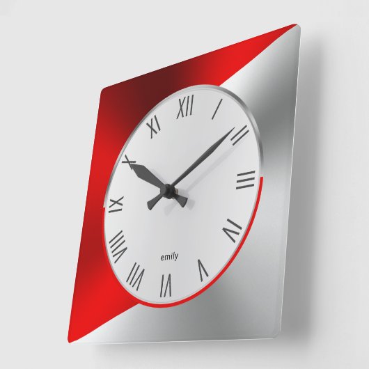 Modernes geometrisches Design rot/silber Quadratische Wanduhr (Winkel)