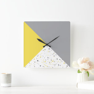 Modernes geometrisches, gelbes, graues Terrazzo-Mu Quadratische Wanduhr