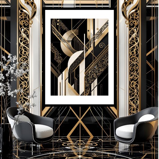 Modernes, geometrisches Gold im Art Deco 1920 Schw Poster