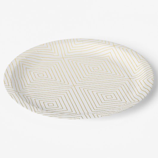 Modernes geometrisches Gold quadriert Muster auf Pappteller (Schrägansicht)