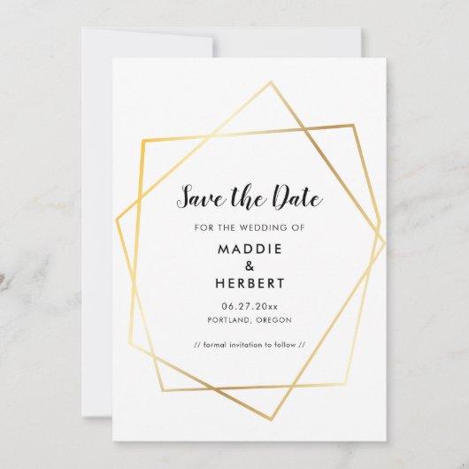 Modernes geometrisches Goldrahmen Save The Date (Vorderseite)