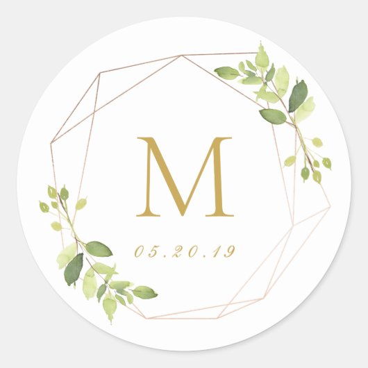 Modernes geometrisches Greenery Wedding Monogram Runder Aufkleber (Vorderseite)