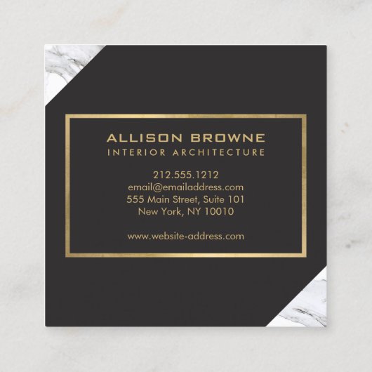 Modernes geometrisches Marmor/Schwarz und Imitate Quadratische Visitenkarte (Rückseite)