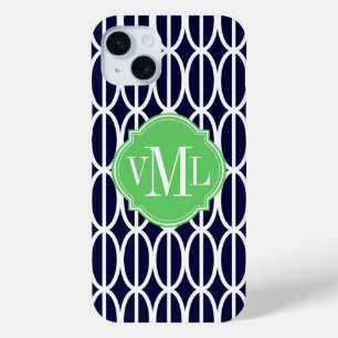 Modernes geometrisches Navy White Muster Monogram iPhone 15 Mini Hülle