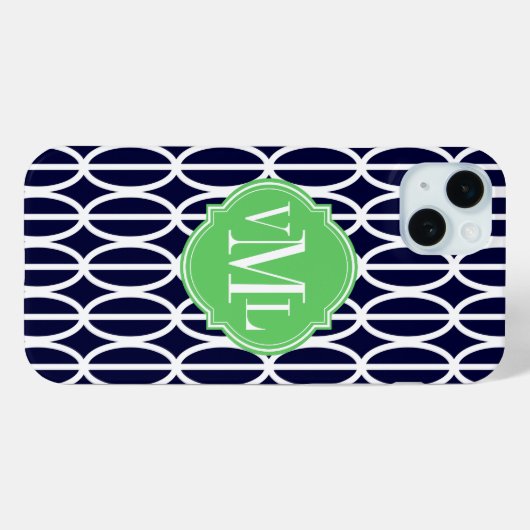 Modernes geometrisches Navy White Muster Monogram Case-Mate iPhone Hülle (Rückseite (Horizontal))