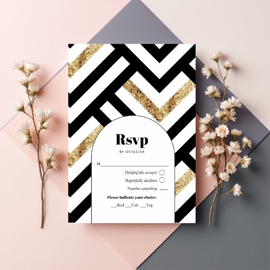 Modernes geometrisches Schwarz und Gold RSVP Karte