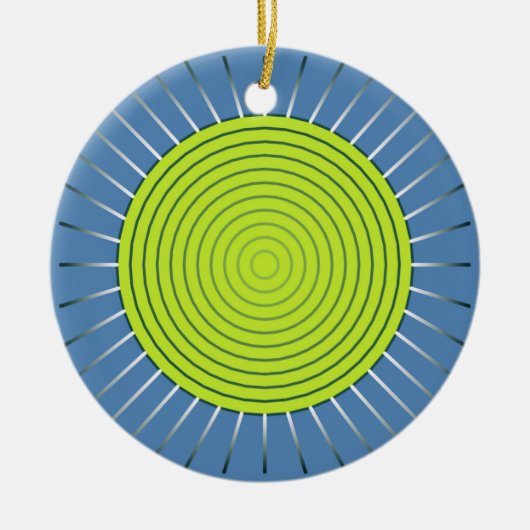 Modernes geometrisches Sunburst - Limon und Denim Keramikornament (Vorne)