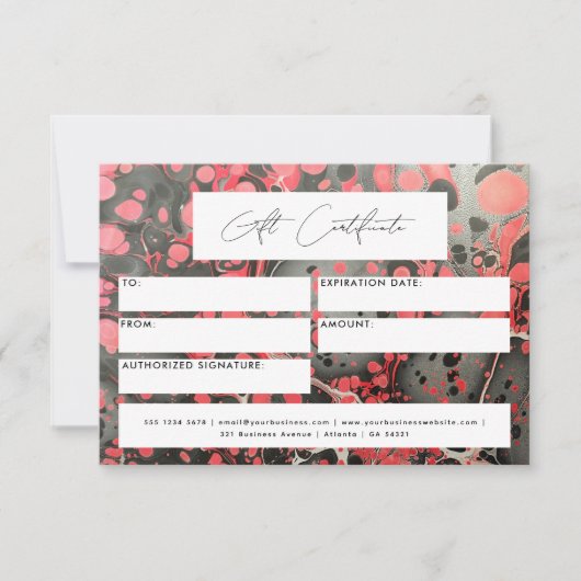 Modernes Geschenkgutschein Black Red Marble (Vorderseite)