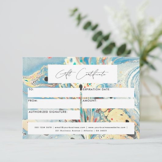 Modernes Geschenkgutschein Blue Marble Script (Stehend Vorderseite)