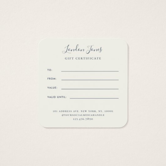 Modernes Geschenkzertifikat Navy Blue Ivory (Rückseite)