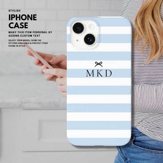 Modernes Girly Hübsch Blue Stripe Black Bow Monogr Case-Mate iPhone Hülle
