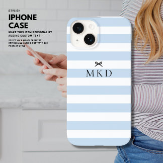 Modernes Girly Hübsch Blue Stripe Black Bow Monogr iPhone 14 Hülle