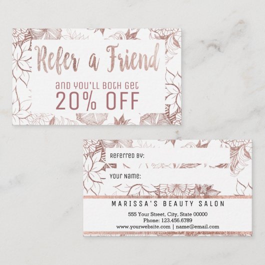 Modernes Girly Rosen-Goldblumenempfehlungs-Karte Empfehlungskarte (Vorne/Hinten)