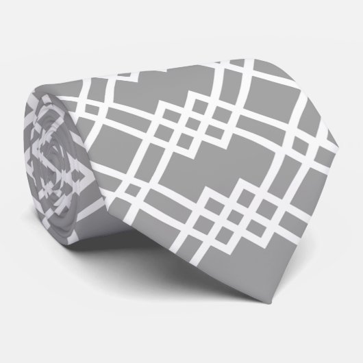 Modernes Gitter Geometric Warm Grau & Weiß Krawatte (Gerollt)