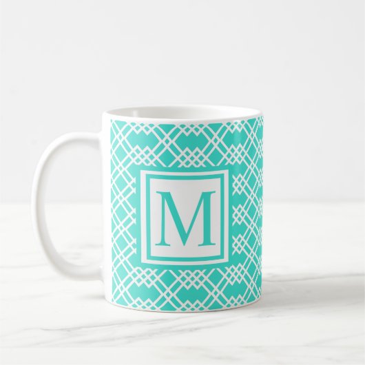Modernes Gitterrogramm, Türkis und Weiß Kaffeetasse (Links)
