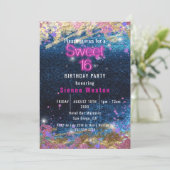 Modernes Glam Blue Glitzer Hot Neon Pink Sweet 16 Einladung (Stehend Vorderseite)
