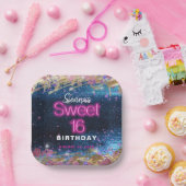 Modernes Glam Blue Glitzer Hot Neon Pink Sweet 16 Pappteller (Party)