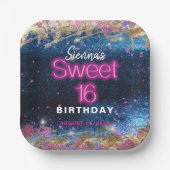 Modernes Glam Blue Glitzer Hot Neon Pink Sweet 16 Pappteller (Vorderseite)
