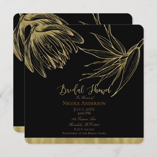 Modernes Glam Gold & Black Tropical Brautparty Einladung (Vorne/Hinten)