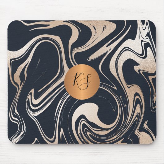 Modernes Glam-Marmor schwarze Rose Gold mit Monogr Mousepad (Vorne)