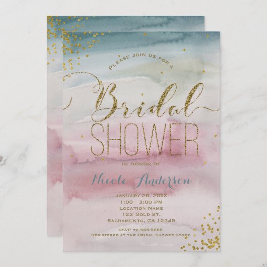 Modernes Glam Watercolor Gold Confetti BRAUTPARTY Einladung (Vorne/Hinten)