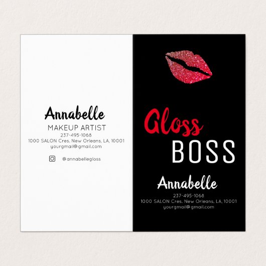 Modernes Glitzer Lip Gloss Boss Makeup Visitenkarten (Außenseite Aufgefaltet)