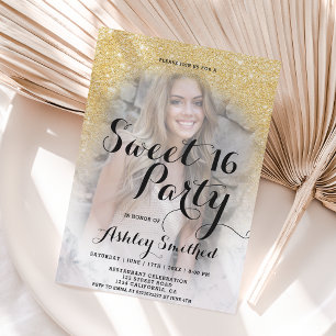 Modernes Glitzer Marmor ombre Foto Sweet 16 Einladung