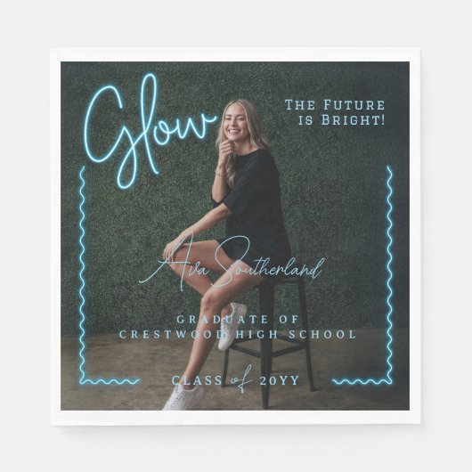 Modernes Glow Script Blue Neon Wavy Graduate Foto Serviette (Vorderseite)