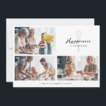Modernes Glück ist hausgemachte Bäckerei Whisk Fot Feiertagskarte<br><div class="desc">Ein wunderschönes personalisiertes Foto mit Familienurlaub. Unser Design verfügt über ein einfaches 3-Foto-Collage-Raster mit dem Design "Happiness is Homemade" in einem wunderschönen Schriftart mit handgeschriebenem Skript. Hinter dem Text steht ein niedliches, stilisiertes Backenwhisk. Angepasst mit dem Familiennamen. Auf der Rückseite befindet sich ein zusätzlich einfarbiger Hintergrund mit weißen Mustern in...</div>
