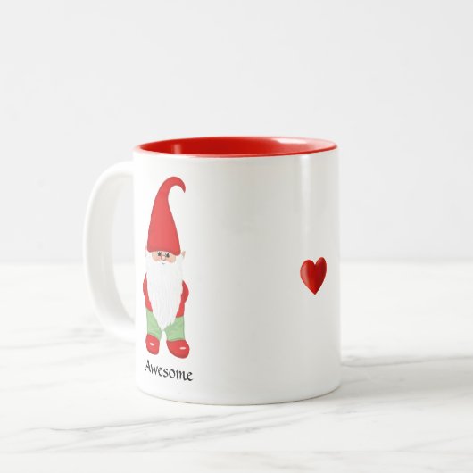 Modernes Gnom in Grün und Rot gekleidet Zweifarbige Tasse (Vorderseite Links)