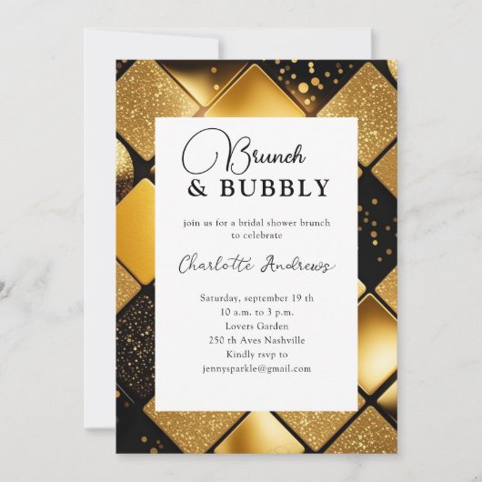 Modernes Gold Black Brunch & Bubbly Brautparty Einladung (Vorderseite)
