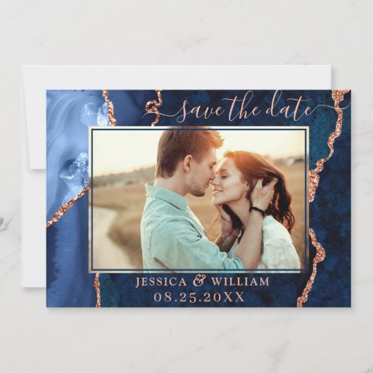 Modernes Gold Blue Agate FOTO Hochzeit speichern d Save The Date (Vorderseite)